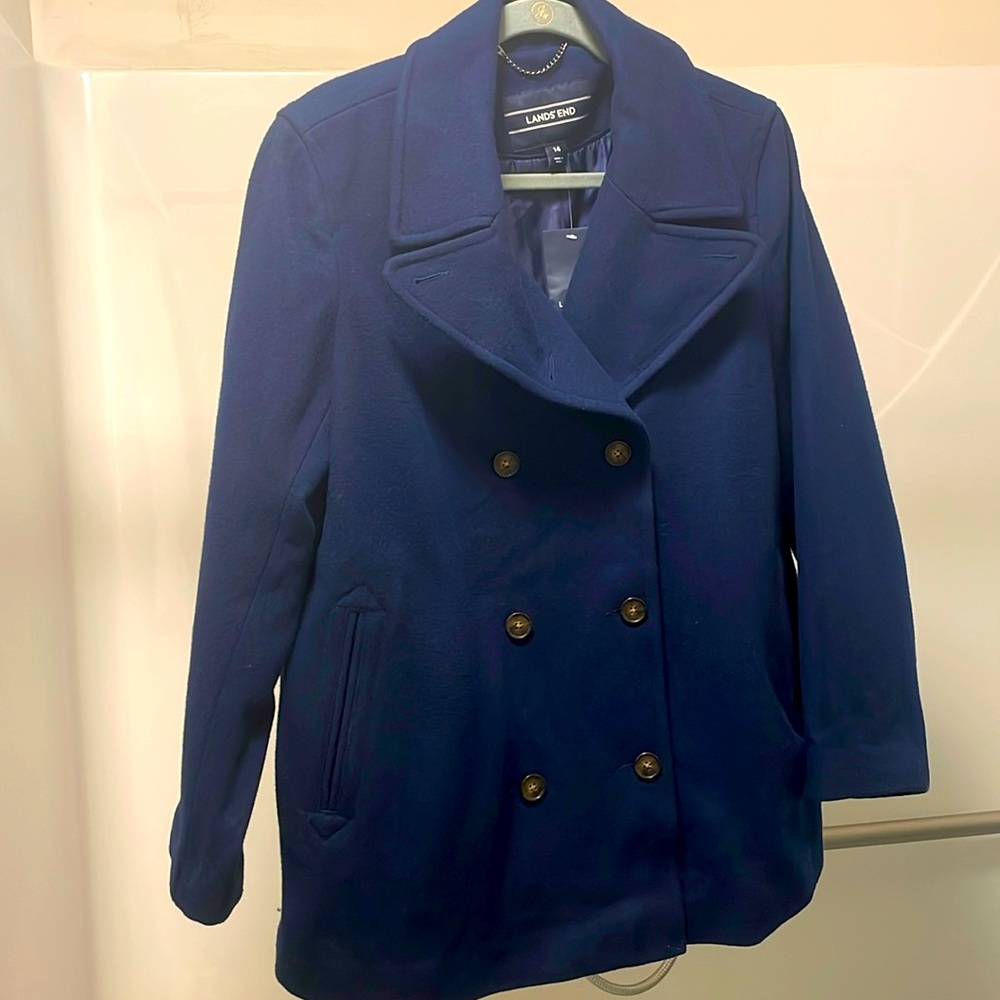 Lands End Navy blue wool pea coat.